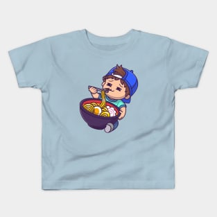 Cute Boy Eating Ramen Cartoon Kids T-Shirt